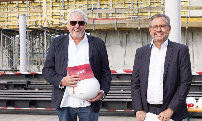 Pius Strobl, Projektleiter ORF-Medienstandort, mit ORF-Generaldirektor Alexander Wrabetz auf der Küniglberg-Baustelle. 