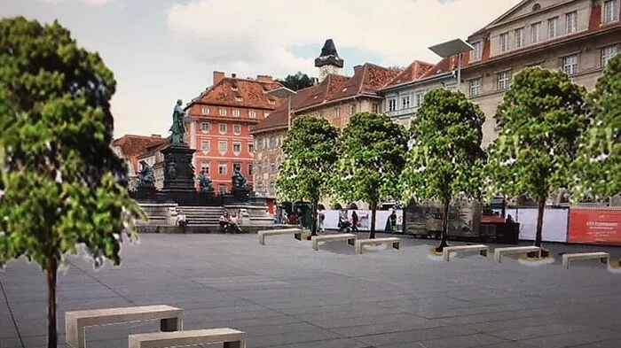 Per Fotomontage will der Grazer Künstler Paul Mangold eine Anregung geben: Bäume am Grazer Hauptplatz