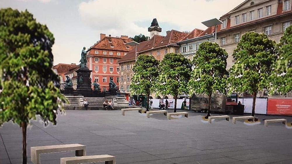 Per Fotomontage will der Grazer Künstler Paul Mangold eine Anregung geben: Bäume am Grazer Hauptplatz