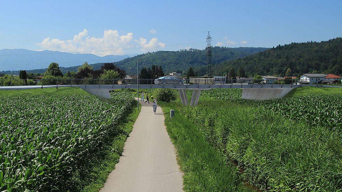 Über den Rekabach und den Radweg wird eine Überführungsbrücke errichtet