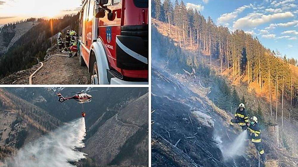 Beim Waldbrand in der Hinterlainsach waren Donnerstag elf Feuerwehren und zwei Löschhubschrauber im Einsatz