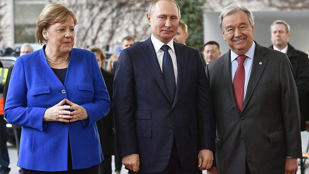 Libyen-Gipfel in Berlin: Angela Merkel, Wladimir Putin, UN-Generalsekretär Antonio Guterres