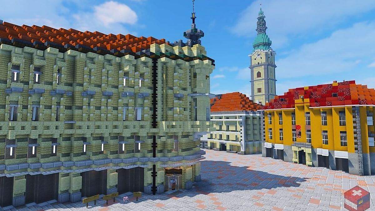 Klagenfurt in Minecraft: Der Alte Platz mit Sicht auf den Stadtpfarrturm
