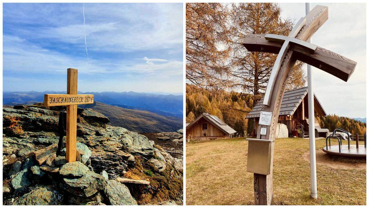 Rechts das Künstlerkreuz, das bei der Leonhardhütte steht und nie den Gipfel sah. Auf dem Faschaunereck steht mittlerweile ein kleines Holzkreuz