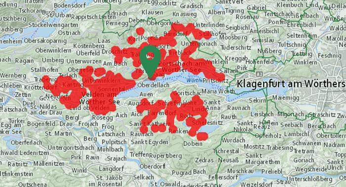 Die Kärnten-Netz-Störungskarte mit den betroffenen Gebieten (Stand 21.30 Uhr)