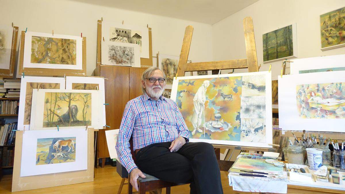 Künstler Franz Dampfhofer in seinem Atelier in der Birkengasse in Köflach