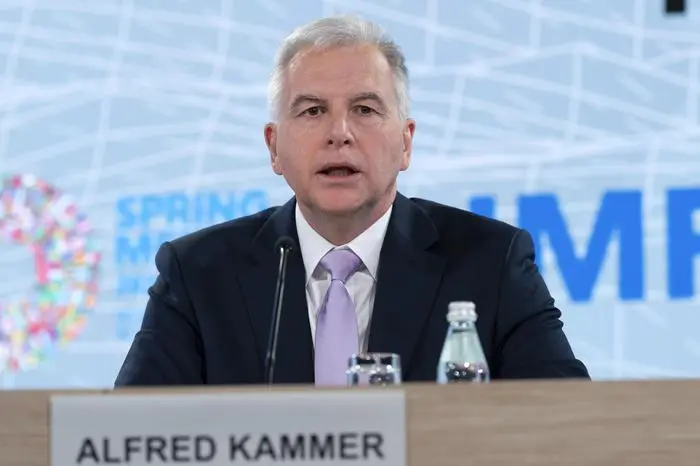 International Monetary Fund Director for European Department Alfred Kammer, speaks at a news conference during the World Bank/IMF Spring Meetings at the International Monetary Fund (IMF) headquarters in Washington, Friday, April 25, 2025. (AP Photo/Jose Luis Magana)