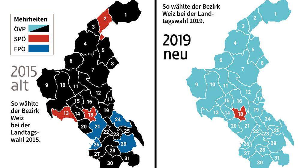 Die Mehrheiten in den Gemeinden bei den Landtagswahlen 2015 und 2019