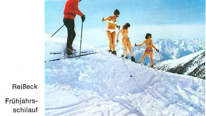 So wurde früher tatsächlich Werbung gemacht. Foto aus dem ehemaligen Skigebiet Reißeck aus einem Werbefolder, leider undatiert.