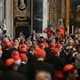 Cardinals with red zucchetto leave after a celebration of the Second Vespers at the Santa Maria Maggiore Basilica, which hosts the tomb of late Pope Francis, on the first day of its opening to the public after the Pope's funeral, in Rome on April 27, 2025. (Photo by Alberto PIZZOLI / AFP)