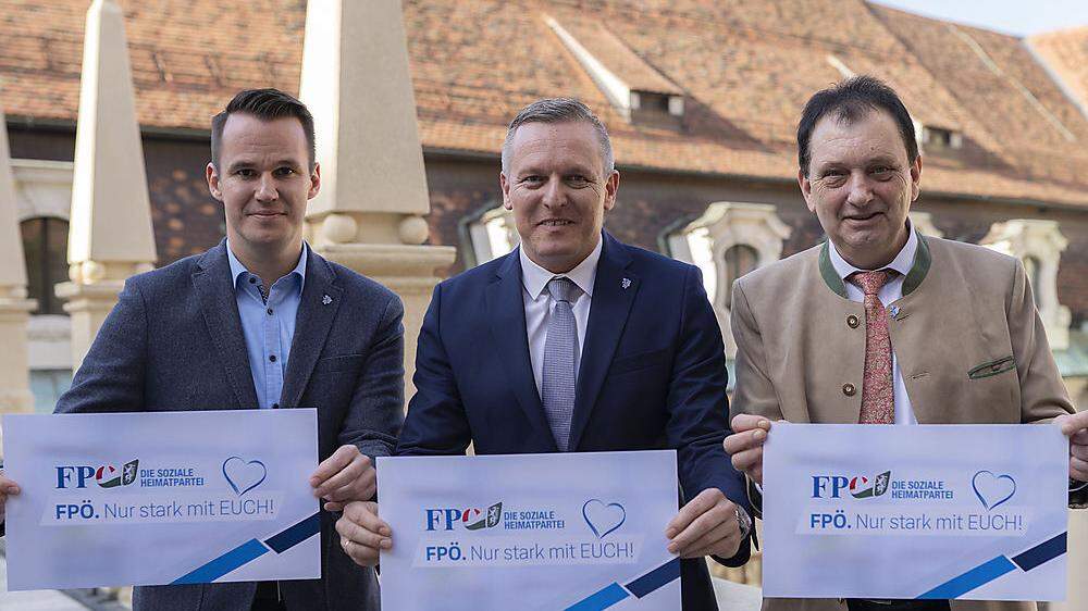 Die FPÖ-Spitze: Stefan Hermann, Mario Kunasek, Anton Kogler 