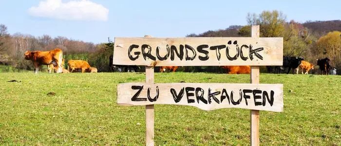 Zu sehen ist eine grüne Wiese mit einem Holzschild, auf dem „Grundstück zu verkaufen“ steht | Grundstück zu verkaufen - aber zu welchem Preis ist die Frage