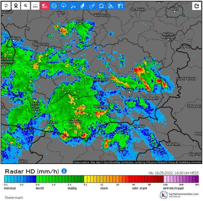 16:30 Uhr: Gewitter-Linien über der Oststeiermark und dem Grazer Bergland