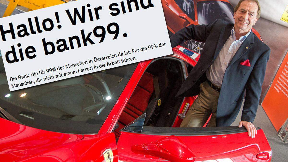 &quot;Für die 99% der Menschen, die nicht mit einem Ferrari in die Arbeit fahren&quot;: Der &quot;sportwagenfeindliche&quot; Slogan der bank99 ruft Heribert Kasper auf den Plan