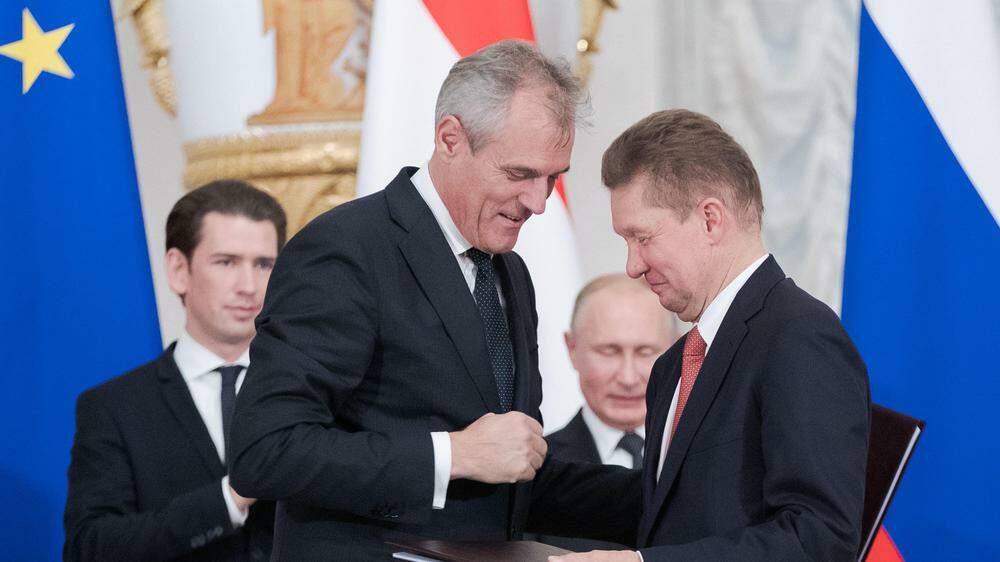 2018 in St. Petersburg: Bundeskanzler Sebastian Kurz (ÖVP), OMV-Boss Rainer Seele, Russlands Präsident Wladimir Putin und Gazprom-CEO Alexei Borissowitsch Miller