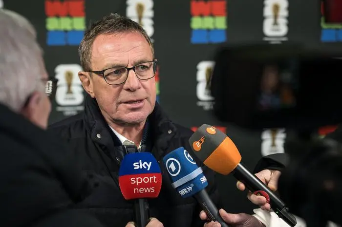 Austria's German head coach Ralf Rangnick Austria answers journalists' questions after the draw for the 2026 Fifa World Cup European qualifiers at the FIFA headquarters in Zurich, on December 13, 2024. (Photo by Fabrice COFFRINI / AFP)
