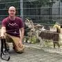 Ein Mann kniet vor einem Gehege, darin sind mehrere Hunde, die neugierig am Zaun stehen