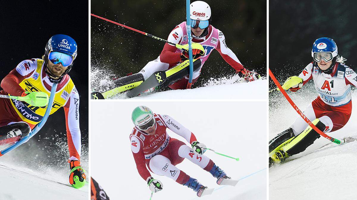 Marco Schwarz (l.), Adrian Pertl (o.), Otmar Striedinger und Katharina Truppe (r.)