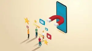 Groups of people are attracted by magnet into smartphone social media. People walking full of icons to mobile phone. Isometric illustration vector.