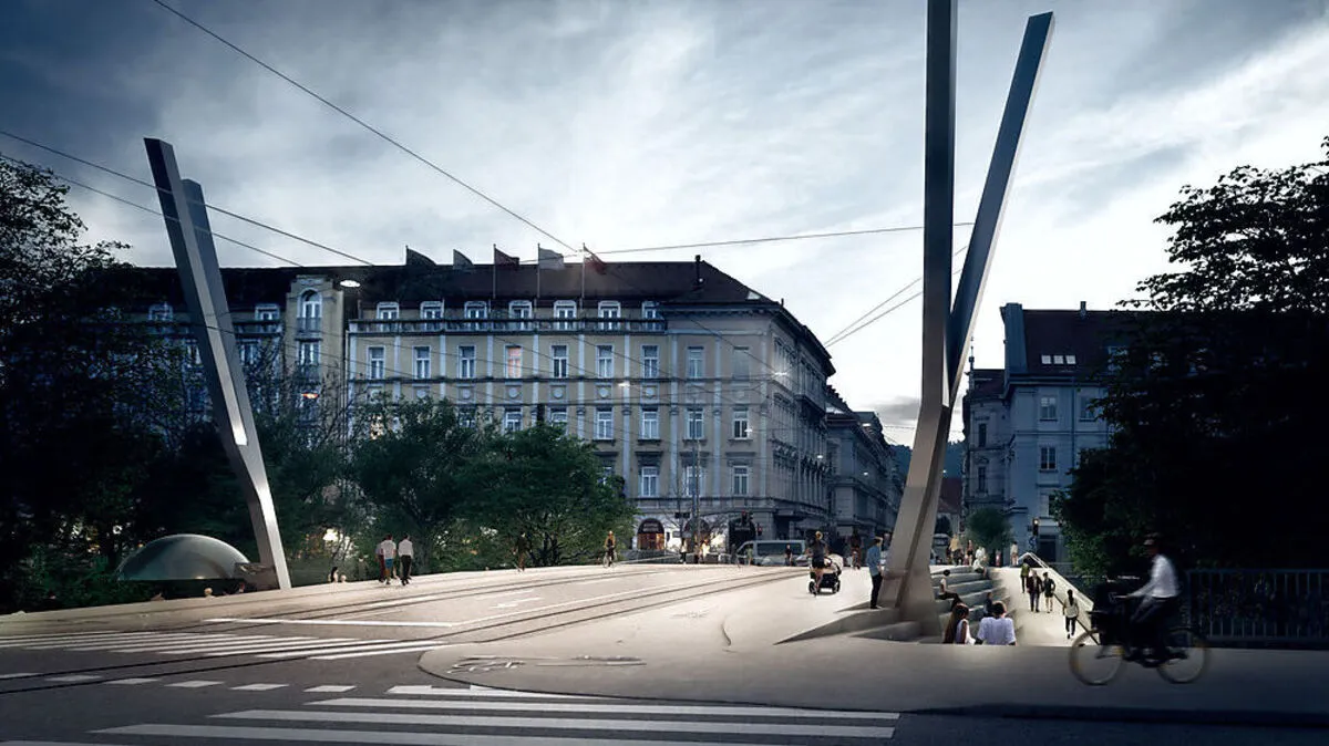 Auf der linken Murseite führen auch als Sitzgelegenheit gedachte Stufen zur Promenade hinunter