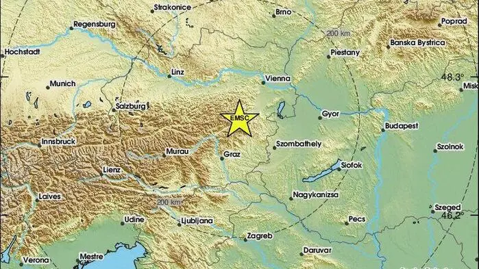 Die Karte zeigt das Epizentrum des Bebens in der Nähe von Gloggnitz
