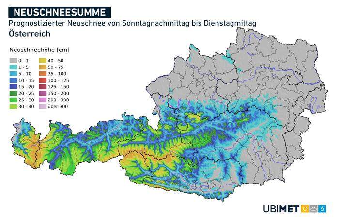 Prognostizierte Neuschneesumme von Sonntag bis Dienstag