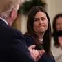 Outgoing White House Press Secretary Sarah Huckabee Sanders speaks alongside US President Donald Trump during a second chance hiring and criminal justice reform event in the East Room of the White House in Washington, DC, June 13, 2019. - President Donald Trump on Thursday made the surprise announcement of the departure of spokeswoman Sarah Sanders, who has been widely criticized for her performance in the White House. "After 3 1/2 years, our wonderful Sarah Huckabee Sanders will be leaving the White House at the end of the month and going home to the Great State of Arkansas," Trump tweeted, adding that he hoped she would run for governor of her state. (Photo by SAUL LOEB / AFP)