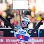 Nika Prevc, of Slovenia, reacts after her second round jump at the women's ski jumping World Cup competition in Garmisch-Partenkirchen, Germany, Wednesday, Dec. 31, 2025. (AP Photo/Matthias Schrader)