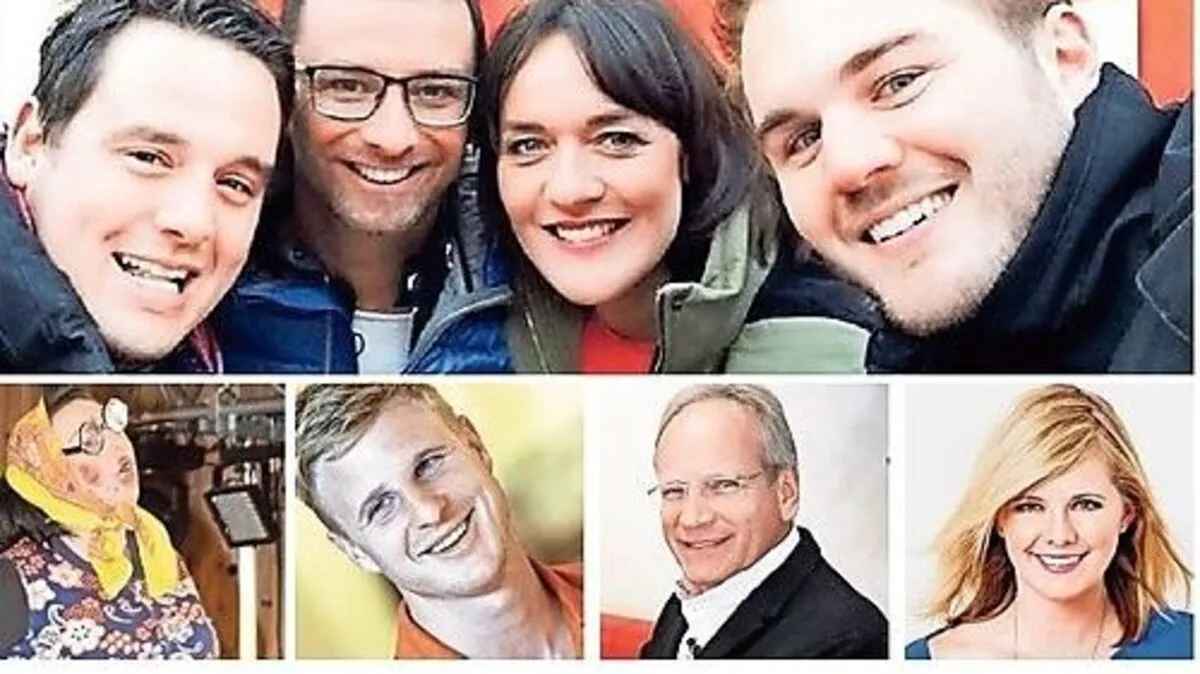 Das ORF-Team: Michael Steuer, Marco Ventre, Eva Pölzl und Bernd Radler (von links).  Zu Gast sind auch Martin Hinteregger „Hölga“ von „Narrisch guat“, Arnold Mettnitzer und Melanie Payer