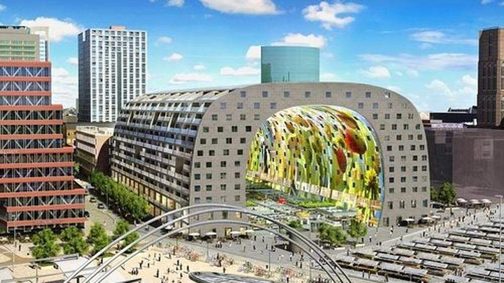 Die ungewöhnliche Rotterdamer Markthalle mit einem Kunstwerk des niederländischen Künstlers Arno Coenenfindet findet sich ebenfalls auf der Liste der Architektur-Weltwunder