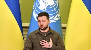 Ukrainian Preident Volodymyr Zelensky speaks during a joint press conference with UN Secretary-General following their talks in Kyiv on April 28, 2022. - The Security Council failed to go far enough in its efforts to "prevent and end" Russia's war in Ukraine, UN Secretary-General  admitted while visiting Kyiv. (Photo by Sergei SUPINSKY / AFP)