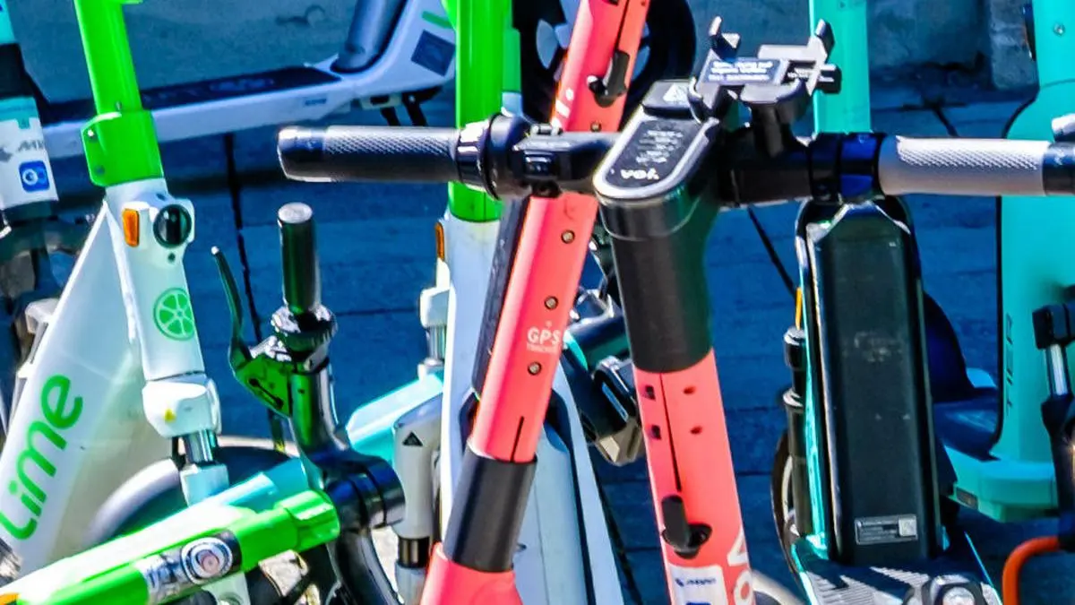 Munich, Germany - August 23: typical modern eScooters at a street in the old town of Munich on August 23, 2022