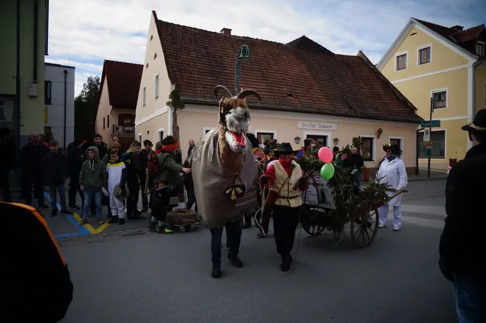 Und natürlich war auch die traditionelle Hobergoaß mit dabei, deren Betreuer der Gemeinde einen eierlegenden Wollmilchsau-Baum überreichten.