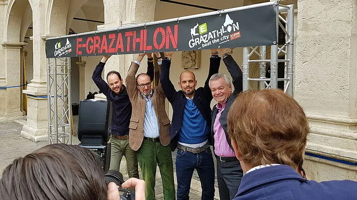 Florian Obergruber (Marketingleiter Gigasport), Michael Gradischnig (Leiter Werbung Steiermärkische Sparkasse), Andreas Mauerhofer (CompanyCode), Landesrat Anton Lang