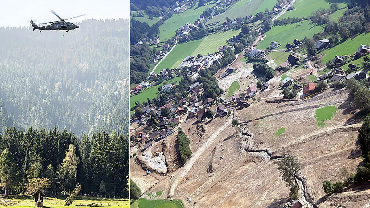 Die Baumstämme müssen mit dem „Black Hawk“ aus dem steilen Gelände über dem Tronitzerbach gezogen werden. Bodentruppen koordinieren den Einsatz