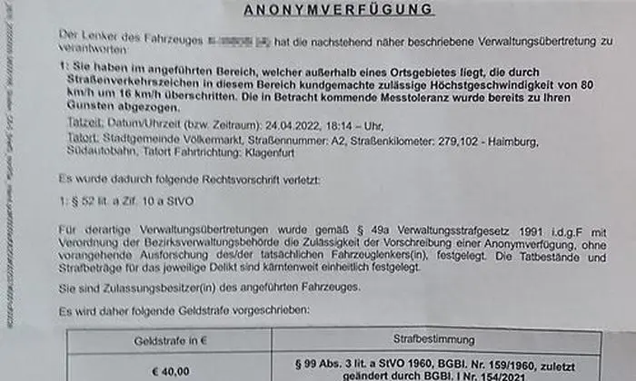 Diese Anonymverfügung hat ein Pkw-Lenker jetzt erhalten