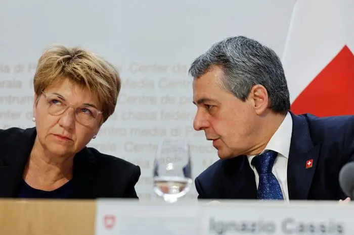 Swiss President Viola Amherd (L) and Swiss Foreign Minister Ignazio Cassis attend a press conference ahead of the Ukraine peace conference organized by Switzerland, in Bern on June 10, 2024. Switzerland will stage a conference on Ukraine this coming weekend, with world leaders set to discuss how to reach an eventual peace process -- although Russia is not taking part. (Photo by STEFAN WERMUTH / AFP)