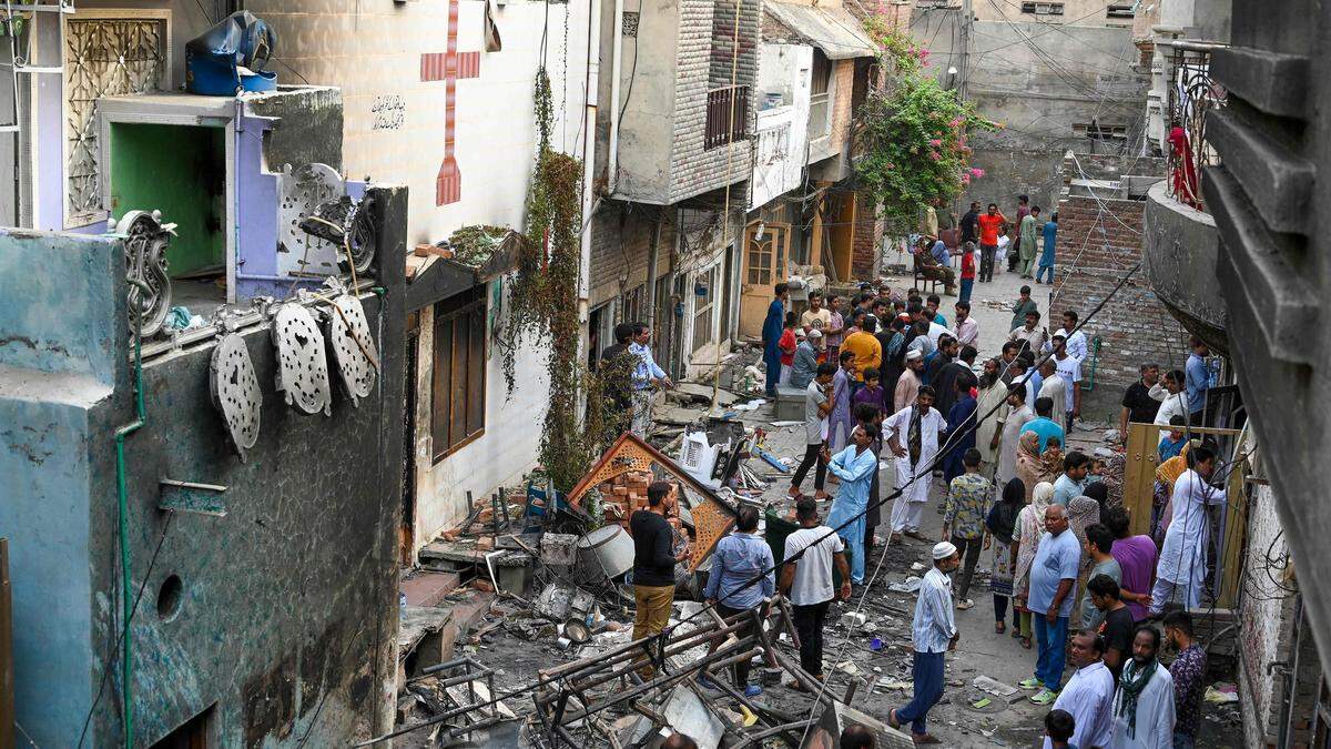 Zerstörte Gebäude im christlichen Viertel Jaranwala