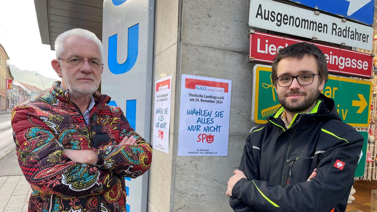 „Wählen Sie alles, nur nicht SPÖ“: Diese Botschaft ließen Dieter und Roland Gall auf eigenen Immobilien im Stadtgebiet verbreiten, hier vor der Drogerie Junek