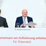 (v.l.n.r.) Vizekanzler Andreas Babler (SPÖ), Bundeskanzler Christian Stocker (ÖVP) und Außenministerin Beate Meinl-Reisinger (NEOS) 