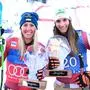 ABD0120_20240114 - ZAUCHENSEE - ÖSTERREICH: (v.l.) Cornelia Huetter (2.Platz,AUT), Mirjam Puchner (3.Platz, AUT) am Podium des Weltcup-Super-G der Frauen am Sonntag, 14. Jänner 2024, in Zauchensee. - FOTO: APA/BARBARA GINDL