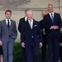 (L-R) European Council President Charles Michel, French President Emmanuel Macron, Belgian King Philippe and Austrian Chancellor Karl Nehammer arrive for a group picture during a royal reception ahead of a special meeting of the European Council in Brussels, on April 17, 2024. (Photo by Olivier HOSLET / POOL / AFP)