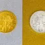 Silver and golden austrian mint phillharmoniker one ounce coins laying on silver and golden background, image split in two halves