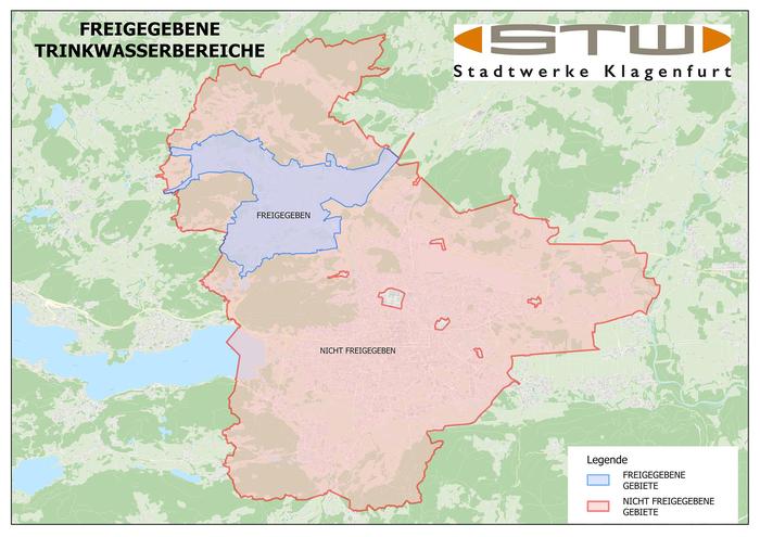 Übersicht, in welchen Teilen der Stadt der Wasserkonsum freigegeben ist (hellblau) und wo nicht (rot)