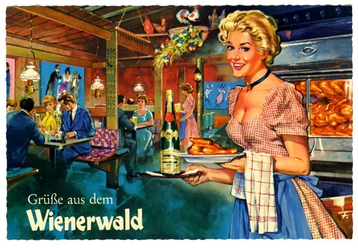 Download von www.picturedesk.com am 06.08.2025 (10:48). 
DIG, DEU, Deutschland, 1964, Wienerwald, Gruesse aus dem Wienerwald, Werbepostkarte, Reklamepostkarte, Werbung, Werbespruch, Slogan, Restaurant, Restaurantkette, gegruendet 1955, Bedienung, servieren, serviert, Kellnerin, Haehnchen, Hendl, Grillhendl, Gefluegel, Wienerwald-Hendl, Gastronomie, Gastwirtschaft, Illustration, Freisteller, 1960er, 60er, Jahre, Sechziger Jahre, alt, alte, historisch, Geschichte - 20091023_PD3656 - Rechteinfo: Rights Managed (RM)