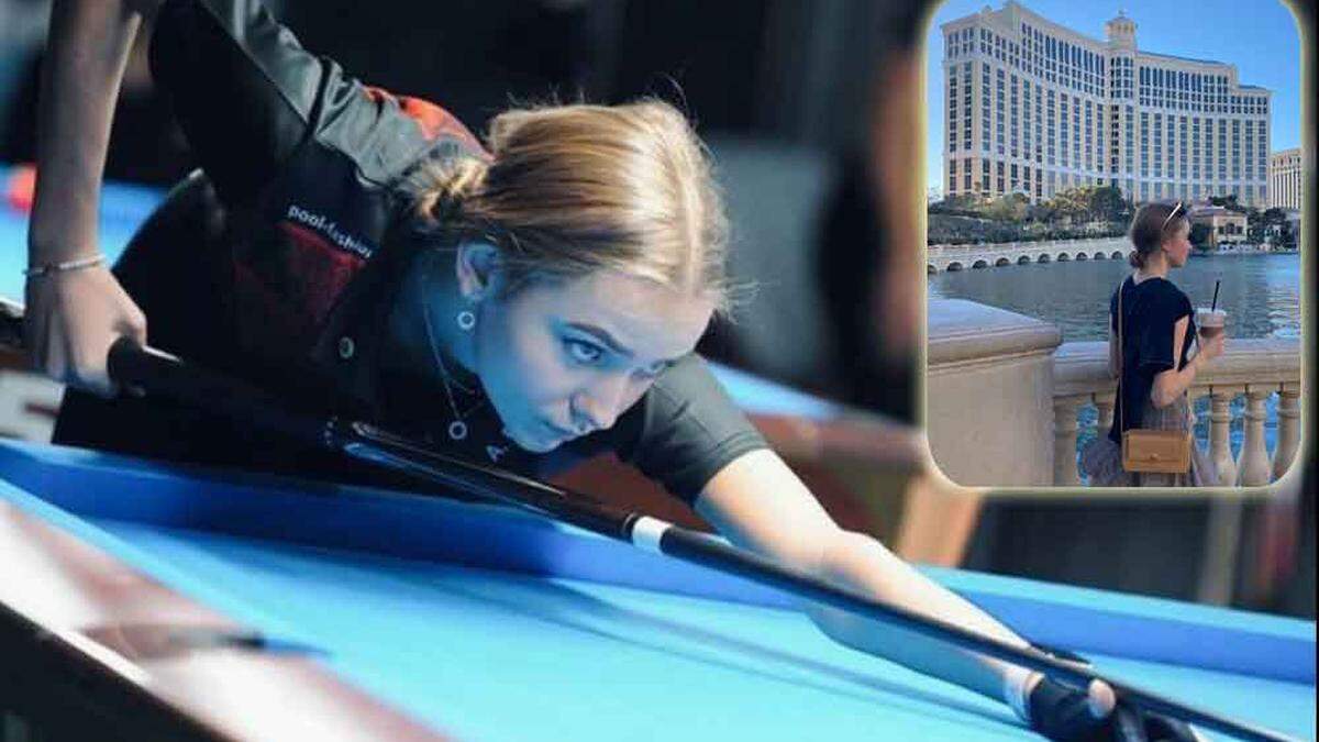 Anna Riegler am Tisch (l.) und vor dem berühmten Hotel Bellagio in Las Vegas