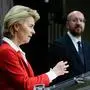 President of European Commission, Ursula Von der Leyen (L) and the President of the European Council, Charles Michel (R), give a press conference after EU leaders' video conference on COVID-19, caused by the novel coronavirus, at the European Council building in Brussels, on March 17, 2020. (Photo by Aris Oikonomou / AFP)