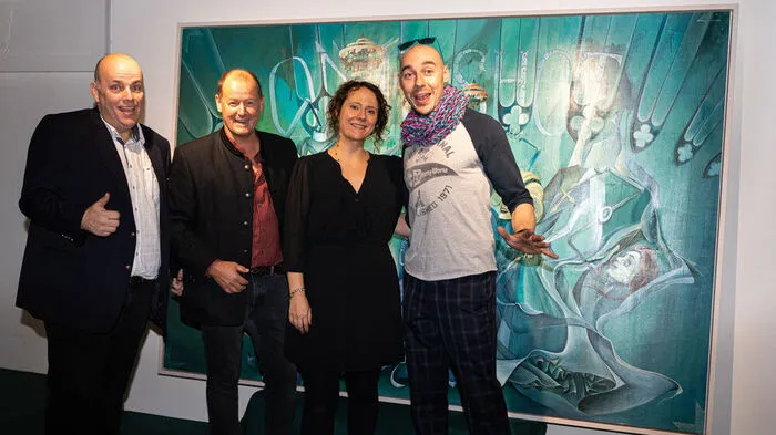 Galerist Klaus Billinger, Odörfer-Chef Christof Schell, Künstlerin Tamara Kolb und Künstler Tom Lohner