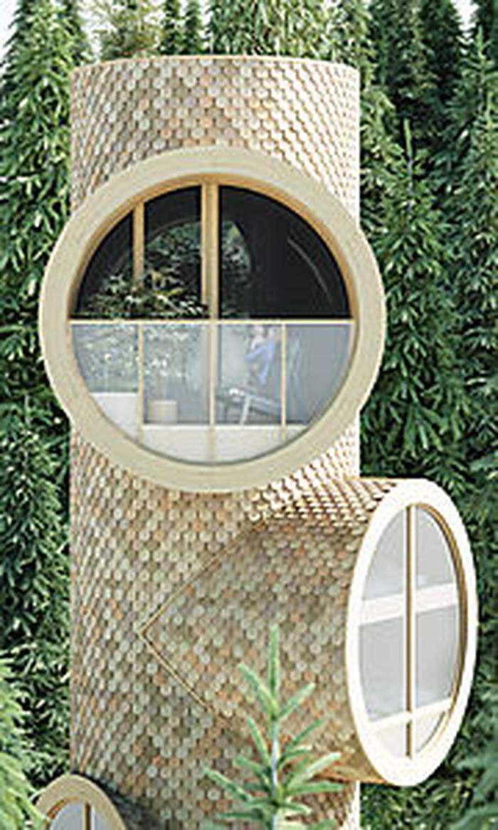 Das Baumhaus trägt Holzschindeln. Für mehr Licht im Wohnraum kann auch eine Glaskuppel auf dem Dach sorgen