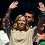 Italian Prime Minister Giorgia Meloni waves to supporters at the end of  a campaign meeting of Italian far-right party "Fratelli d'Italia" (Brothers of Italy) for the upcoming European elections, on June 1, 2024 in Rome. (Photo by Tiziana FABI / AFP)